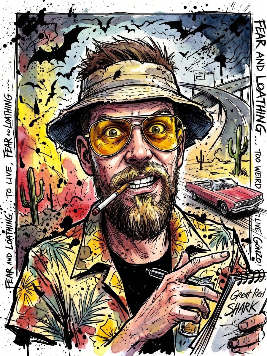 Ink and watercolor illustration of Justin in a bucket hat and yellow aviators, pen in hand, with bats and a desert highway behind him